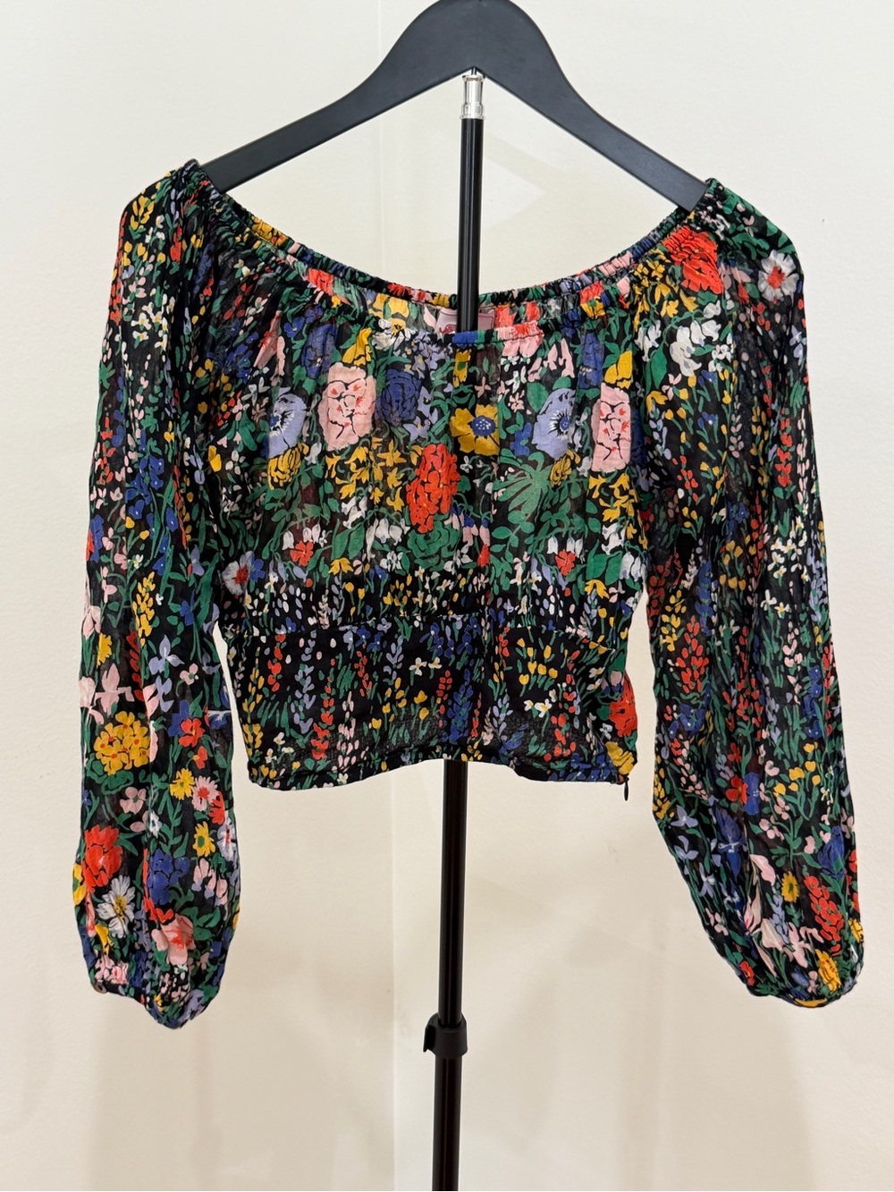 Ban Janan Floral Long Sleeve Cropped Blouse XS Black Multicolor